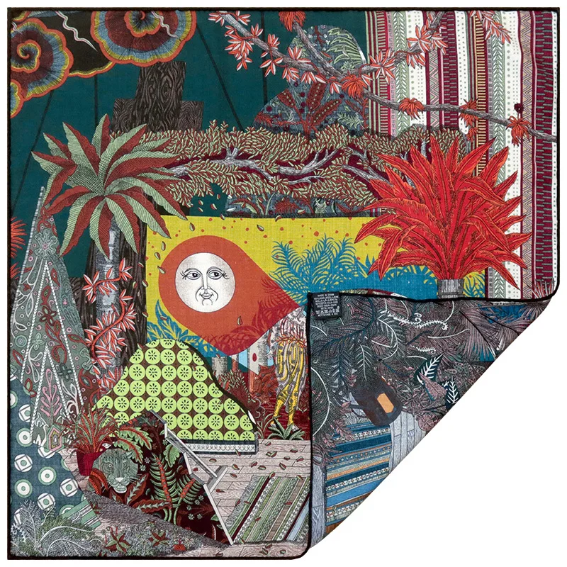 65x65CM Double Sided Square Scarf 70%WOOL 30%MULBERRY SILK Fantasy Jungle Tribal Art Print Women Fashion Neck Wrap Headscarf