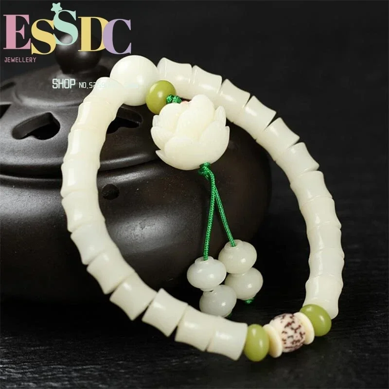 New 100%Natural Bodhi Root Hand String Hainan White Lotus Charm Bracelet Lovers' National Wind Ornaments Wholesale Women Jewelry