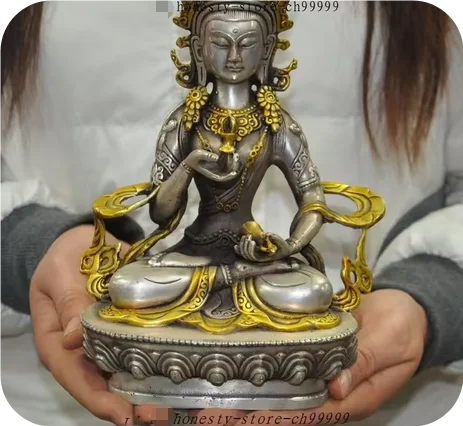 21CM de Tíbet Vajrasattva Chapado en plata bronce y estatua oro Buda