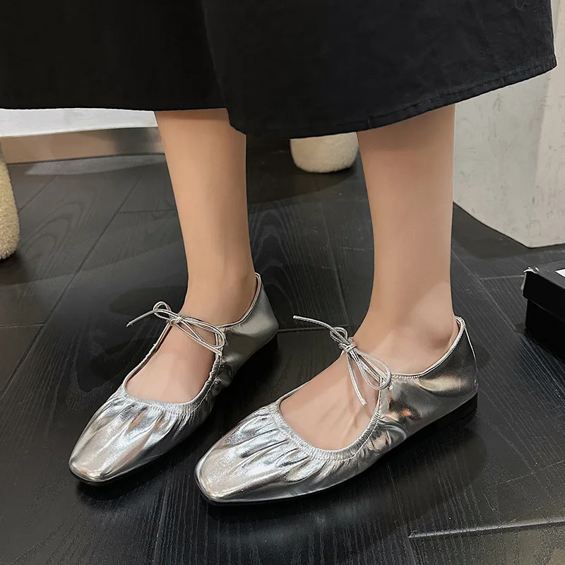 

Women's Spring/Autumn Square-Toe Low-Cut Flat-Heeled Lace-Up Mary Jane Shoes