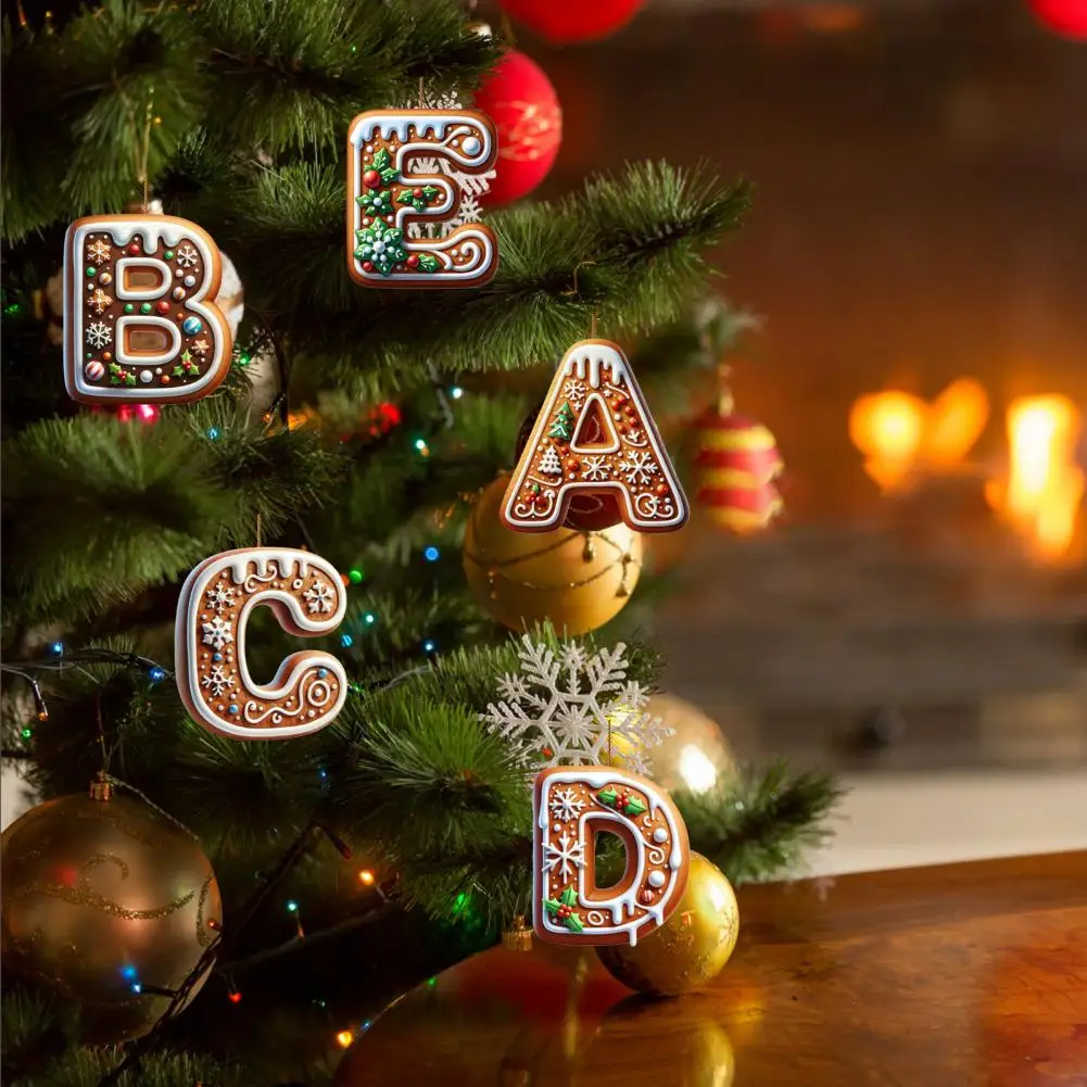 1/26Pcs Gingerbread Alphabet Ornaments 26 Initial Letter Candy Cane Pendant with Berries Pattern Mini Monogram Christmas Tree Ha