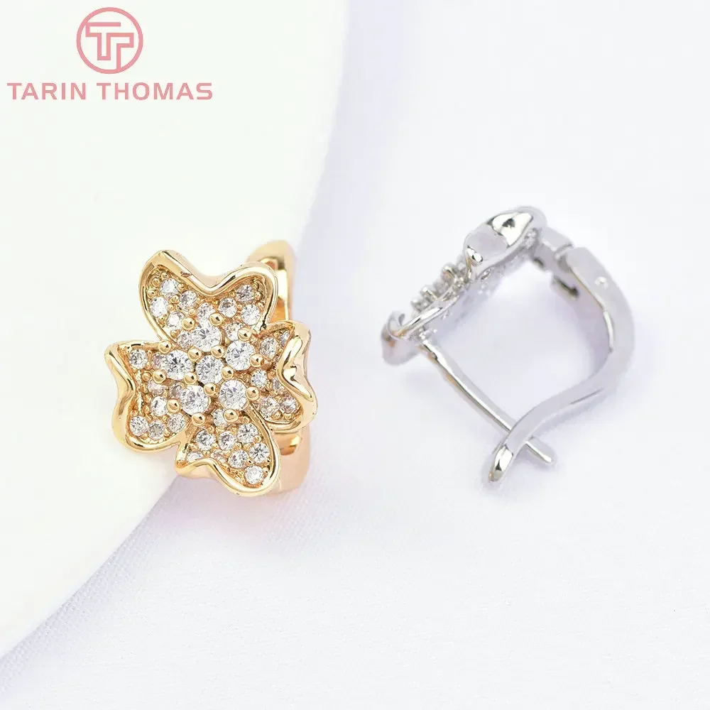 (6527) 2PCS 12x14MM 24K Gold Color Brass with Zircon Flower Earrings Clip High Quality Jewellery Accessories Wholesale