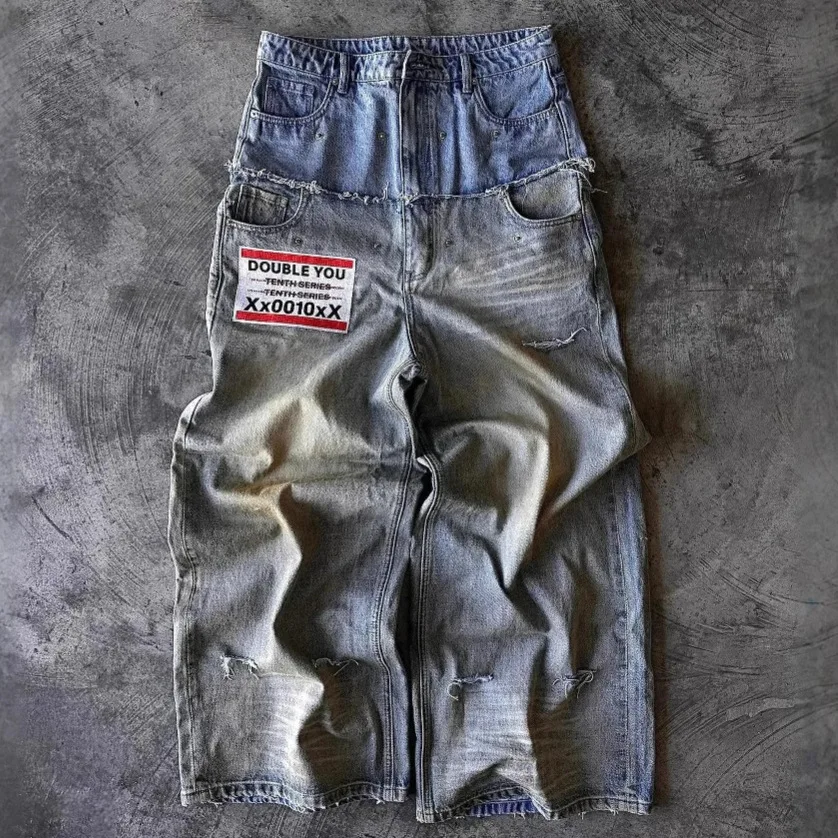 2026 Spring and Autumn New Style Neutral Y2K Style Fashionable Street Wide Leg Pants Retro Loose Straight Leg Double Waist Jeans