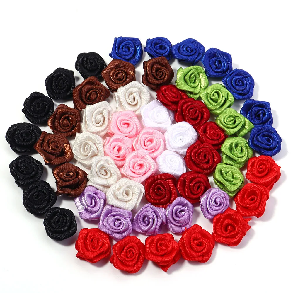 

20/60/100Pcs15mm Mini Lace Ribbon Rose Flowers Small Satin Ribbon Artificial Flower for DIY Crafts Garment Decor Sewing Supplies