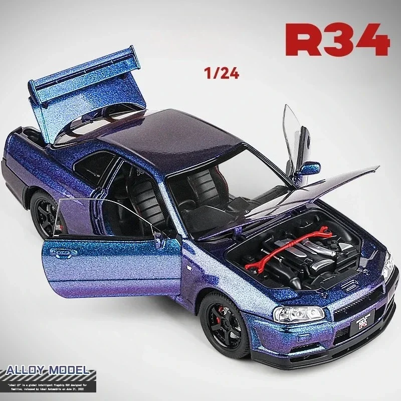 

1:24 Skyline R34 модель автомобиля из сплава Fast & Furious, звук, свет, коллективный миниатюрный Voiture, литой игрушечный автомобиль для мальчиков