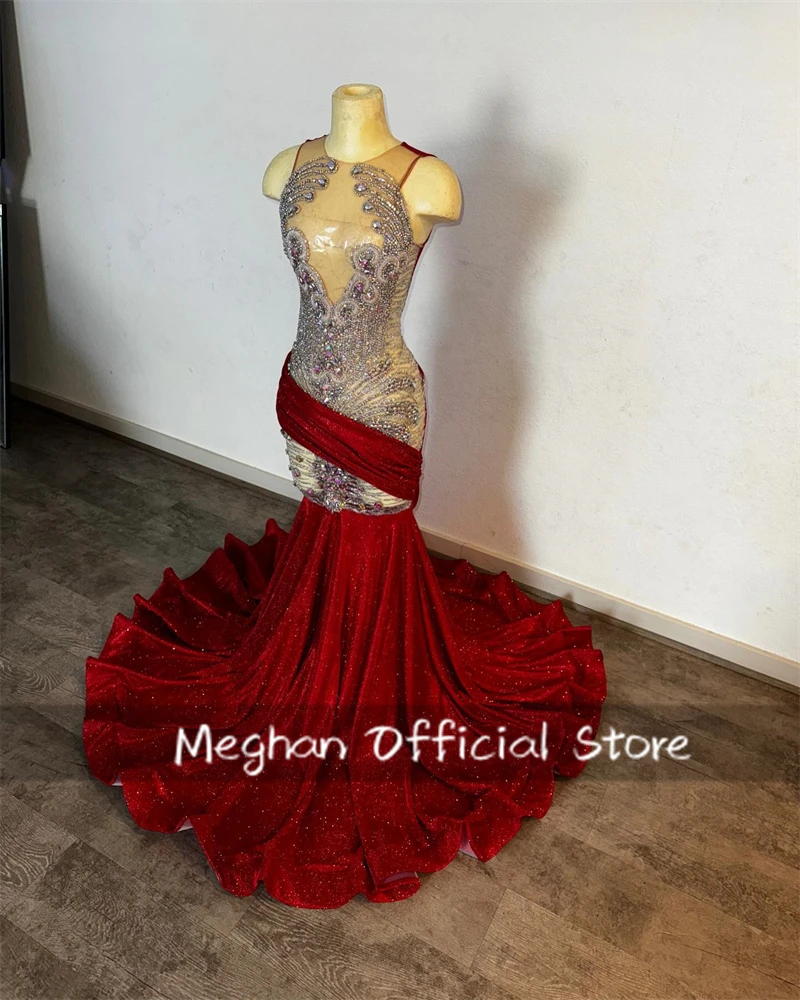 Red O Neck Long Prom Dresses For Black Girls Bead Crystal Rhinestone 2025 Birthday Luxury Dress Pleat Graduation Gown Customized image 3