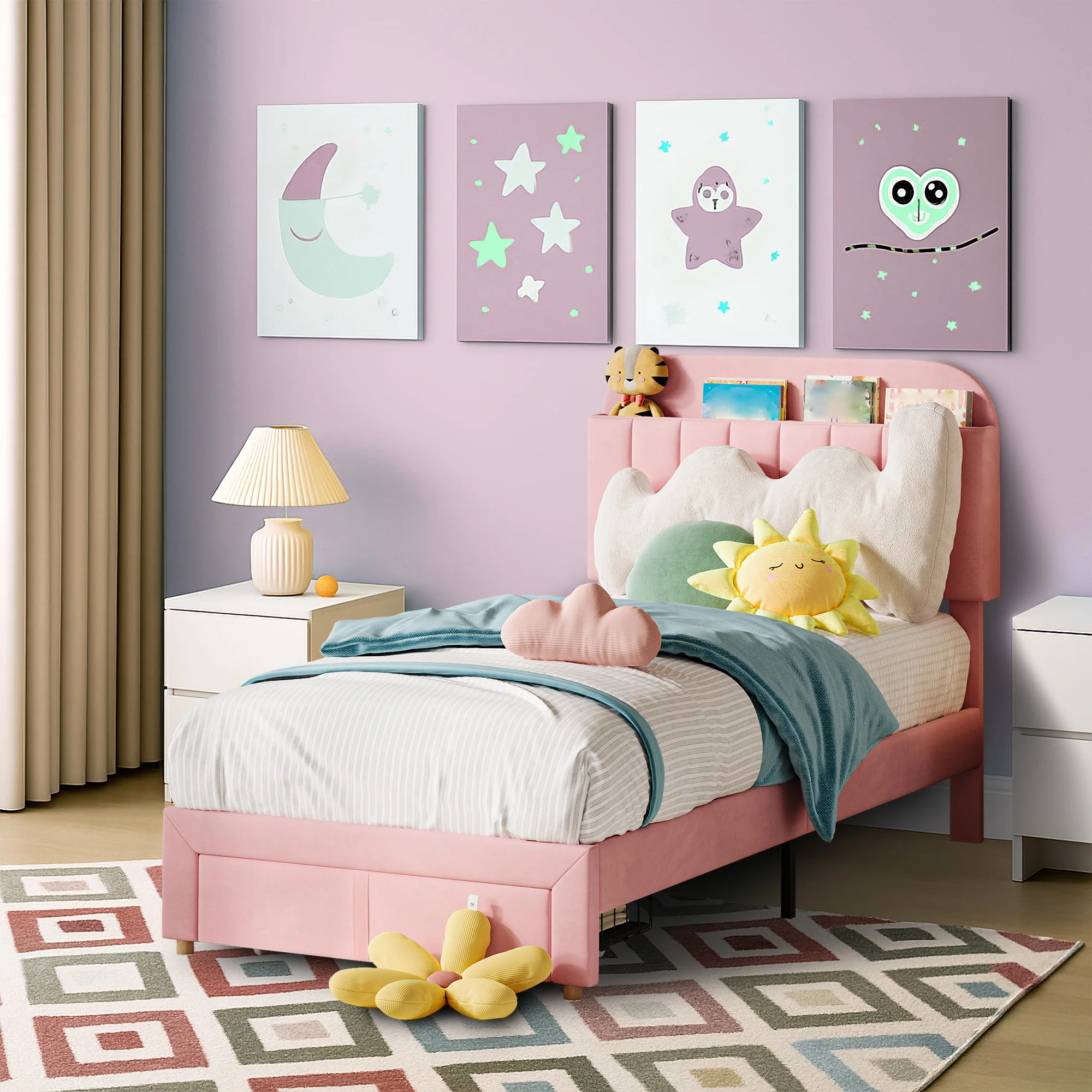 Kids Twin Bed Frame with Bookcase Headboard & Storage Drawer – Suede Upholstered Platform Bed – Noise-Free, No Box Spring Needed, Easy Assembly – Bedroom Furniture