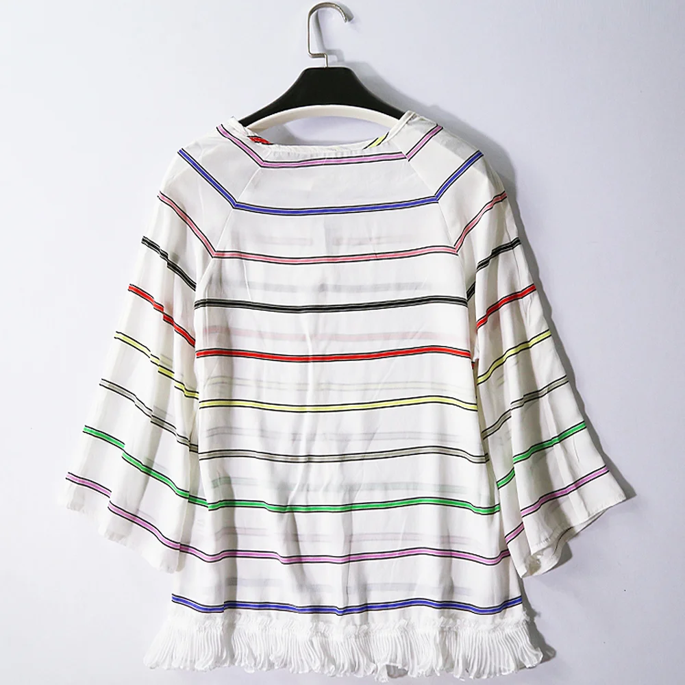 2022 New V-neck Mesh Summer Mulberry Silk T-shirt Silk Long Sleeve Top Raglan Sleeve Refreshing Stripe Women's Fashion New Style