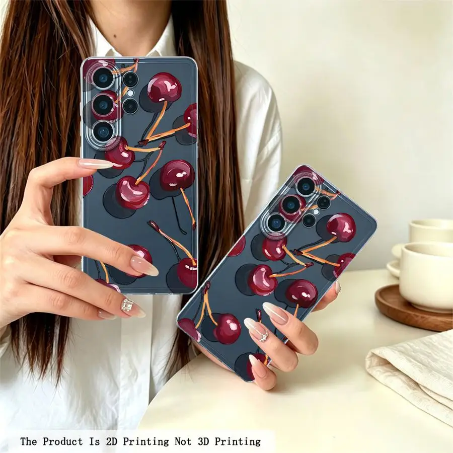 Dark Red Cherry Case for Samsung Galaxy S26 Ultra S23Ultra Note 20 Ultra 10 S22 FE S24 S20 Plus S21 S25 Edge S23 Ultra Phone