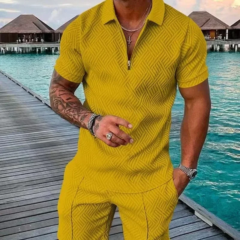 Hawaii New Men's Suit Fashion Men Casual Sets Solid Summer V-neck Zipper Short Sleeve Shirt+Shorts Two Pieces Suit - Image 2