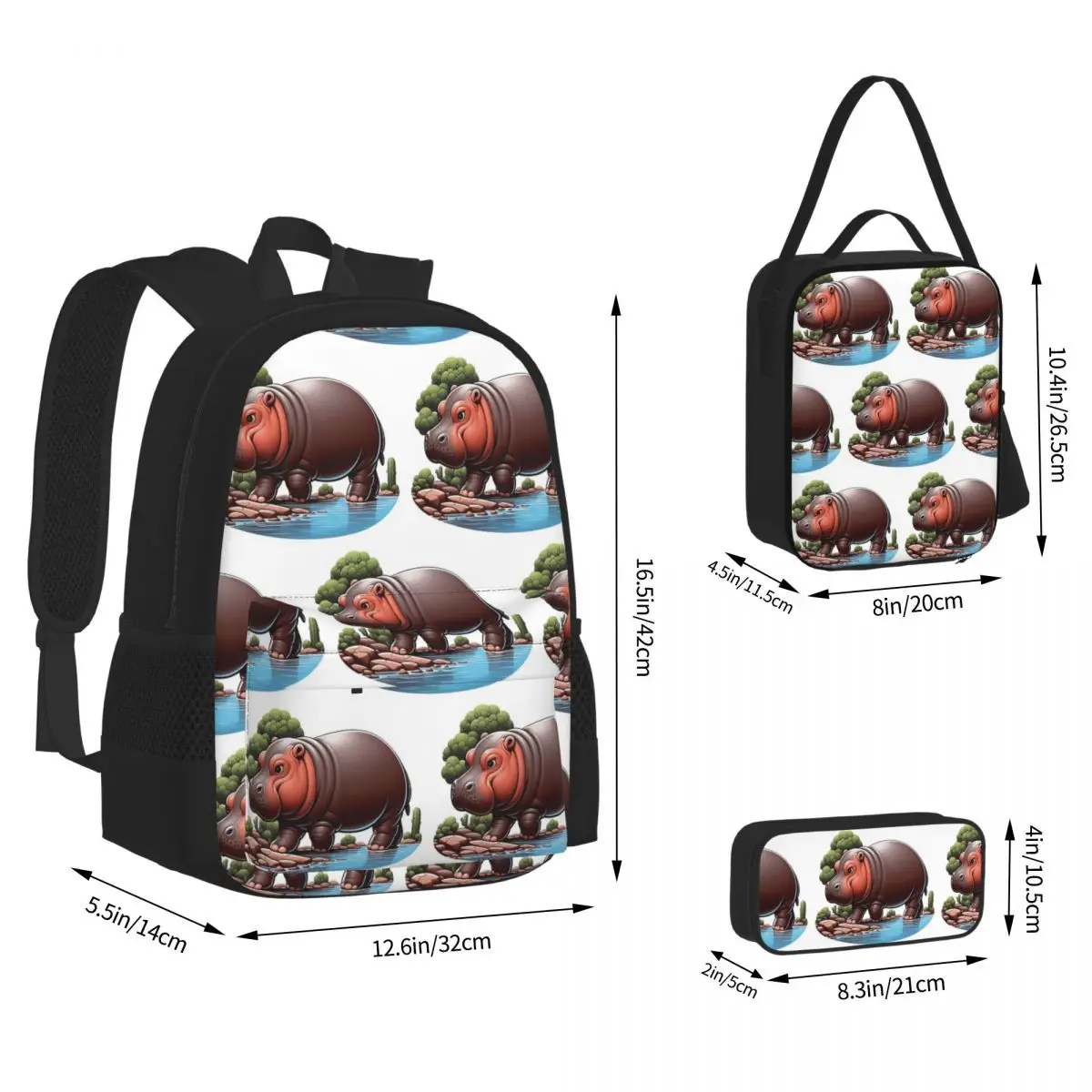 A Pygmy Hippopotamus Strolling By The River Backpacks Boys Girls Bookbag School Bags Rucksack Lunch Bag Pen Bag Three-Piece Set