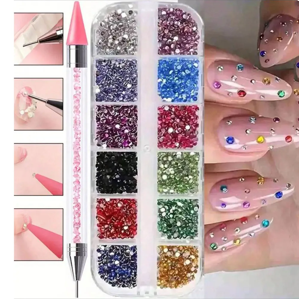 3Pcs Multi-Size Flat Back Rhinestone with Picker Pen Nail Charms Kit Resin Crystal Diamond Nail Art Decoration with Dotting Tool