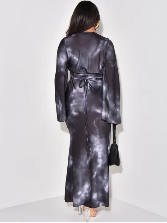 럭셔리 새틴 드레스 오버사이즈 보태니컬 프린트 릴랙스 드레스 플로잉 실키 엘레강트 드레스 여름 해변 저녁 볼가운