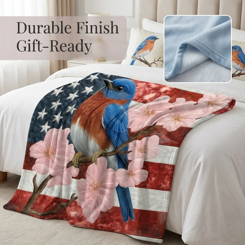 1PC American Flag Background Bluebird & Pink Blossoms Thick Flannel Throw Blanket, Soft Warm Portable, Great Gift for Boys Girls