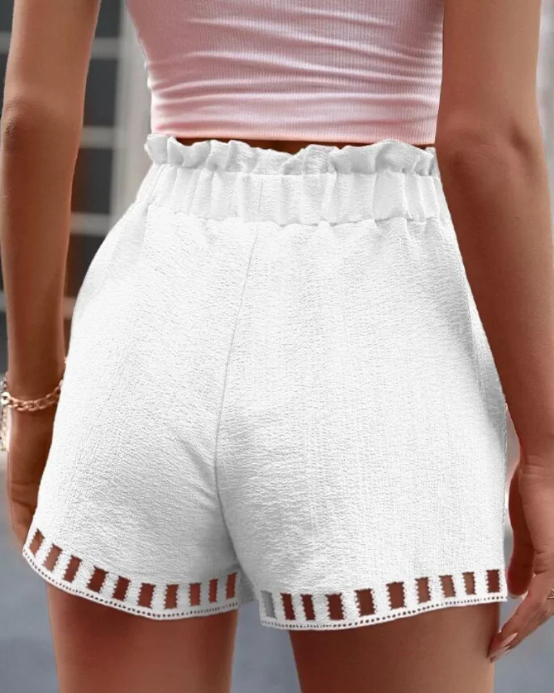 Hollow Out Drawstring Belted Shorts Women Solid Color Spring Summer Fashion Sexy Shorts Pants Pockets