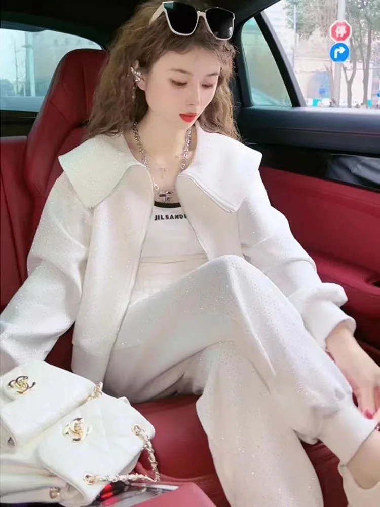 Spring 2023 Hot Drilling Sports Tracksuit Women Doll Collar Sweet Pink Cardigan Coat Outerwear Casual Sweatpants Two-Piece Sets