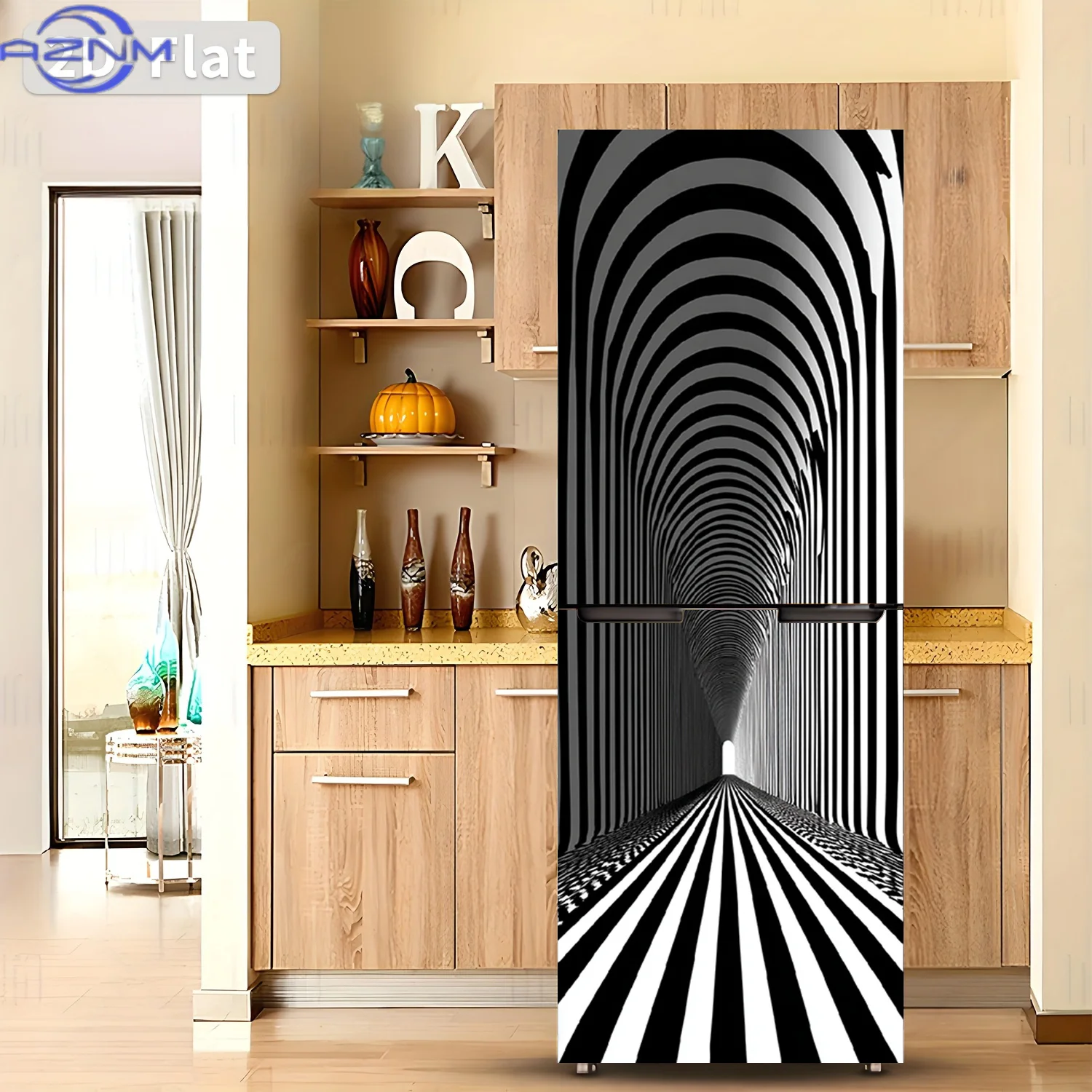 [2D Flat Printing] 1pc Refrigerator Sticker Black And White Tunnel Illusion Theme Design Wall Sticker Decoration Wallpaper Sel