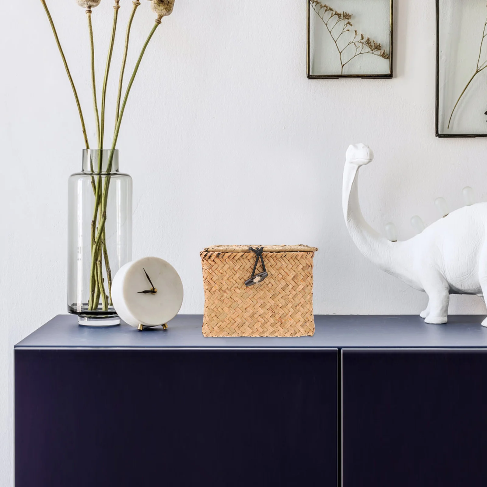 

Straw Box Square Orange Small Size Decorative Storage Holder Cattail Stem Organizer with Lid for Jewelry