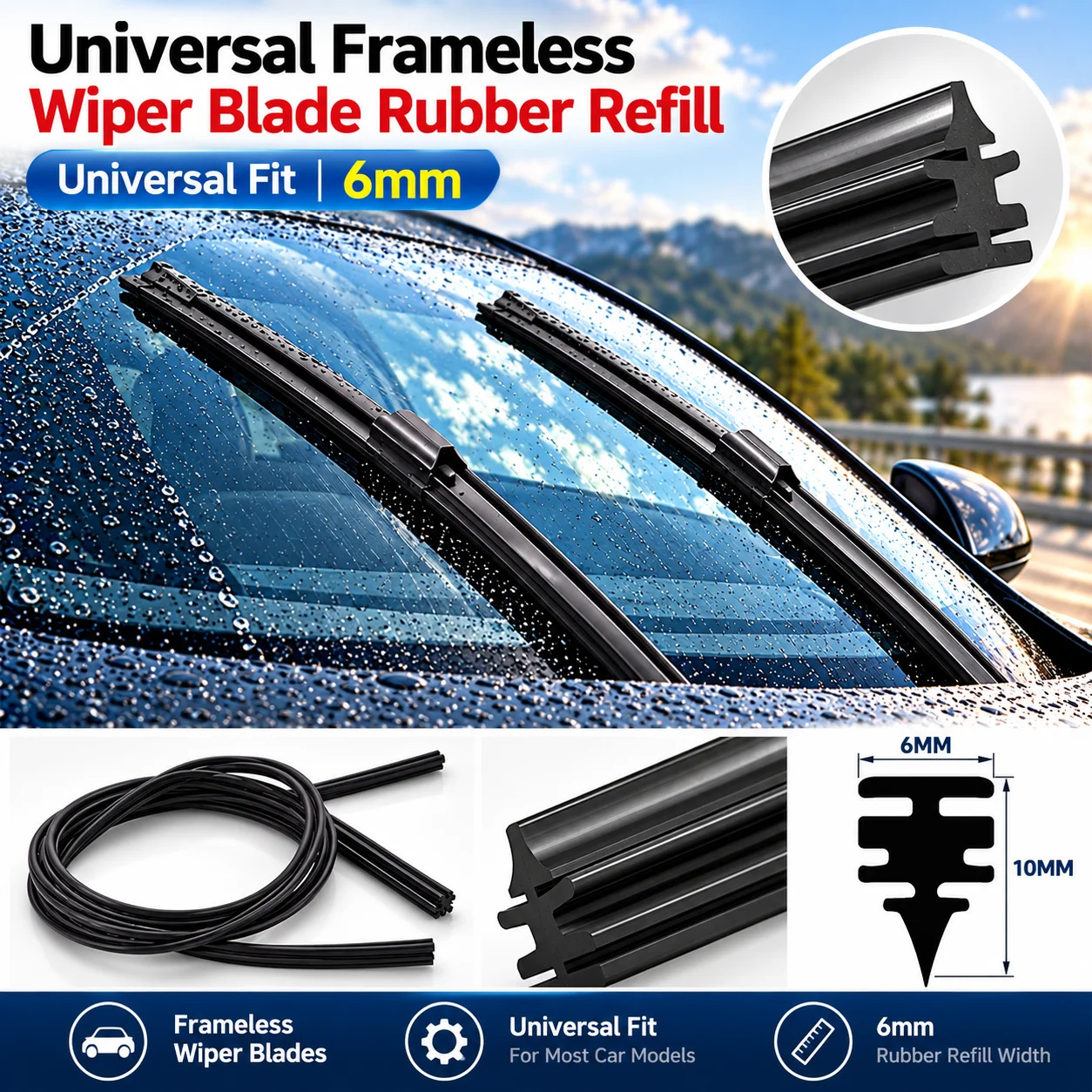 4Pcs Universal Frameless Car Wiper Refill Rubber Strip 6mm 35-80cm Cuttable Soft Insert for BMW Mercedes Windshield