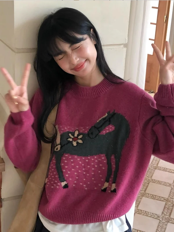 

Korean Style round Neck Pullover Knitted Sweater Women's Loose Fashion Anti-aging Autumn Winter Warm Thickened Patterne...
