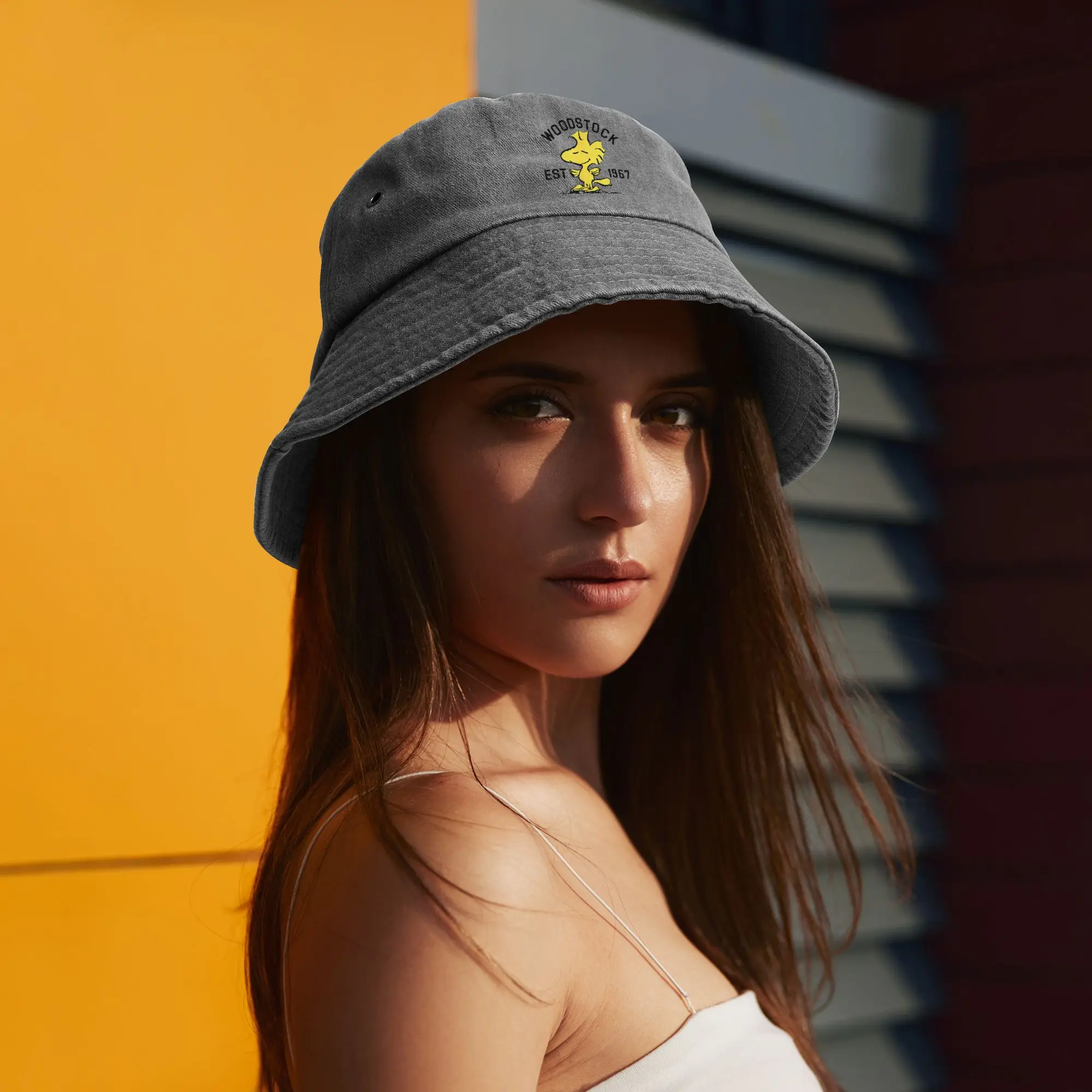 Chapeaux Bob Unisexe en Jean Délavé Effet Vieilli Vocation Snoopys Woodstock – Chapeau de Soleil Dessin Animé, Casquette de Pêcheur