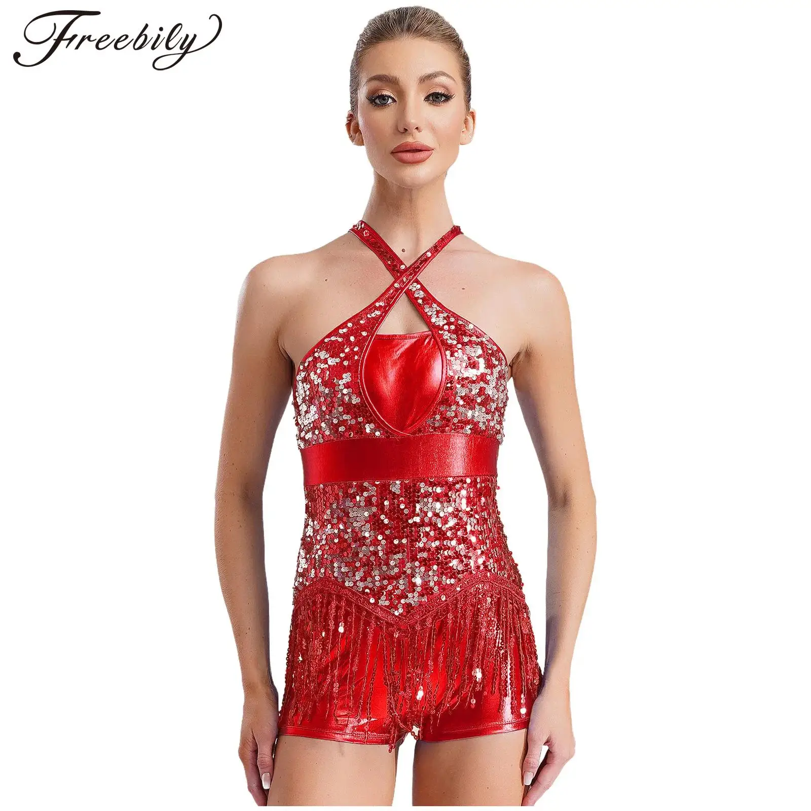 Womens Latin Dance Cha-Cha Costume Sparkly Sequins Tassel Leotard Cross Front Cutout Back Fringed Bodysuit Performance Dancewear