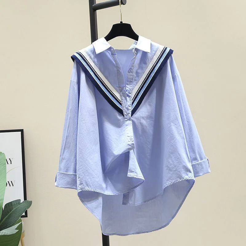 

2025 New Korean Loose Splicing Striped Blue Cotton Shirt Women's Spring Summer Casual Shirt Jacket Thin Coat Lady Tops Ladies