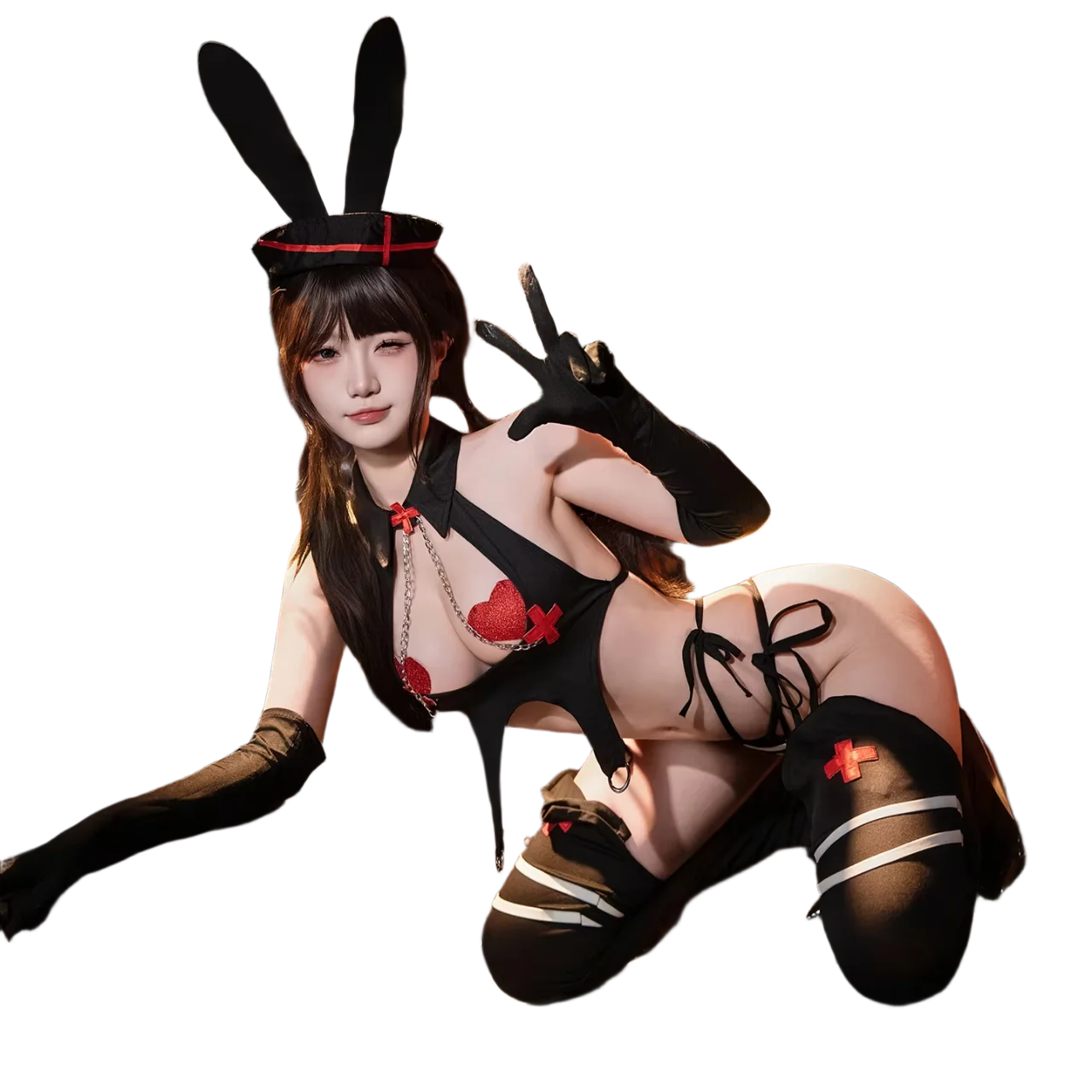 

Black Bunny Nurse Lingerie Set Halter Hollow Out Bodysuit with Cross Rabbit Ears Headband Garter Belt for Women Role Play