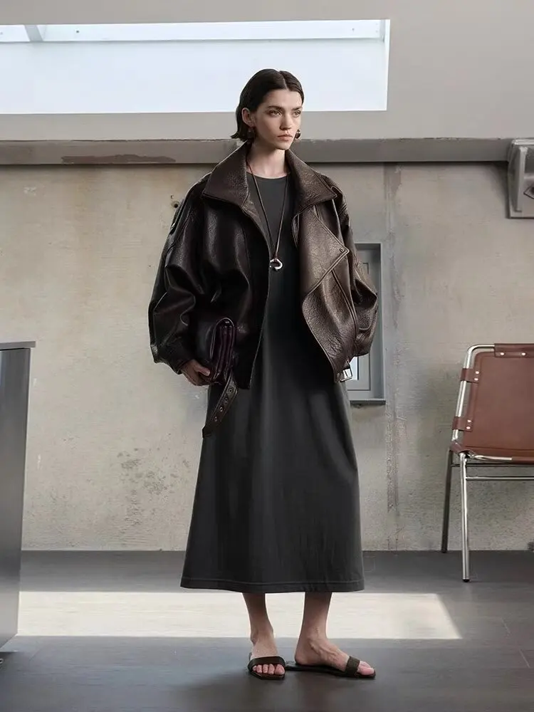 Faux Pu Leather Coats Women Solid Jackets Belt Zipper Turn Down Collar Long Sleeves Loose Casual Streetwear 2025 Spring Autumn