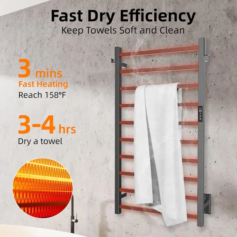 Heated Towel Rack, 10-Bar  Warmer Rack for Bathroom, Wall Mounted  Warmer, Electric Drying Rack with Ti