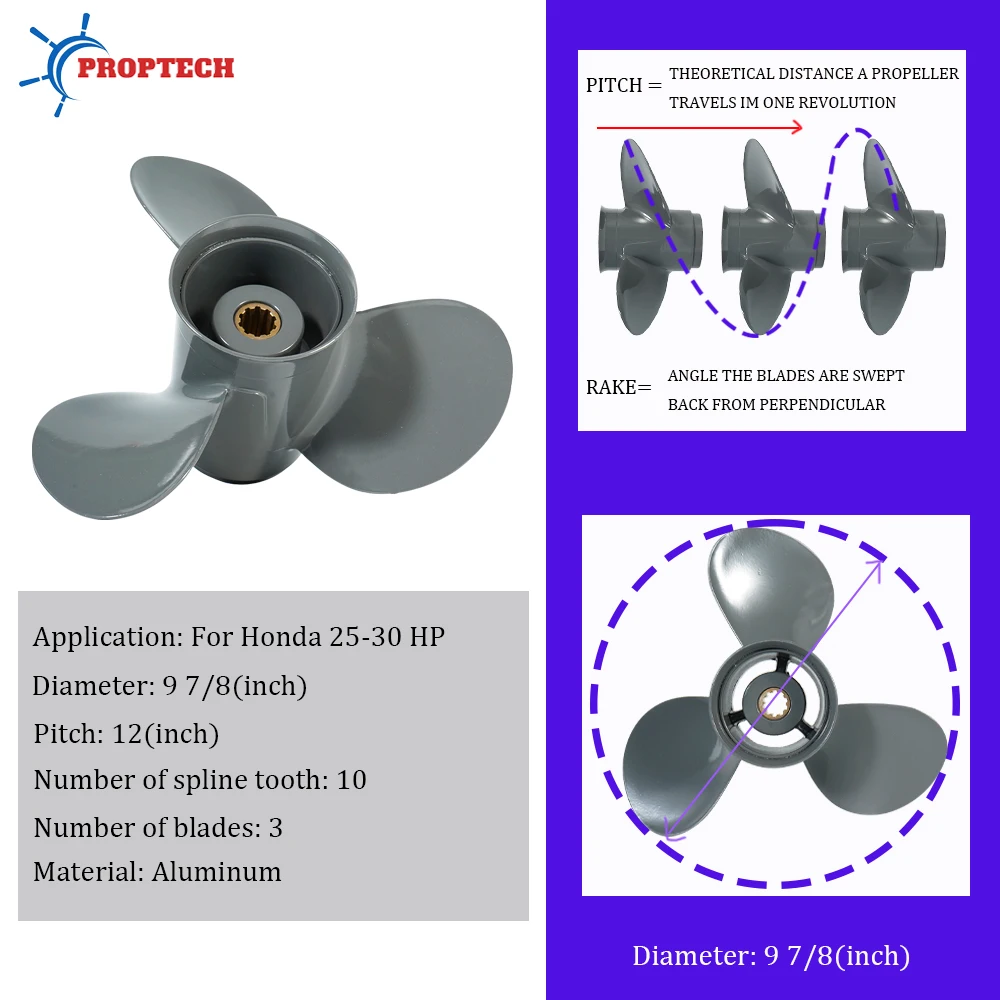 9 7/8*12 Outboard Propeller For HONDA 25HP 30HP Boat Motor 58130-ZW2-F01ZA 3 Blade 10 Spline Aluminum Alloy Screw
