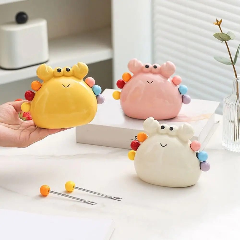 

Creative Stainless Steel Crab Fruit Fork Cute Decorative Fruit Cake Sausage Fork with Storage Jar Colorful Fruit Fork Set Party