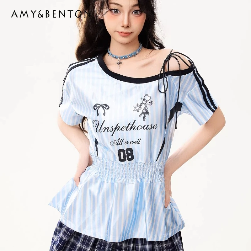 

Subculture Stripe Women's Short-sleeved T-shirts 2026 New Diagonal Neck Off-the-shoulder Sweet Cool Hot Girl Sports Top Ladies