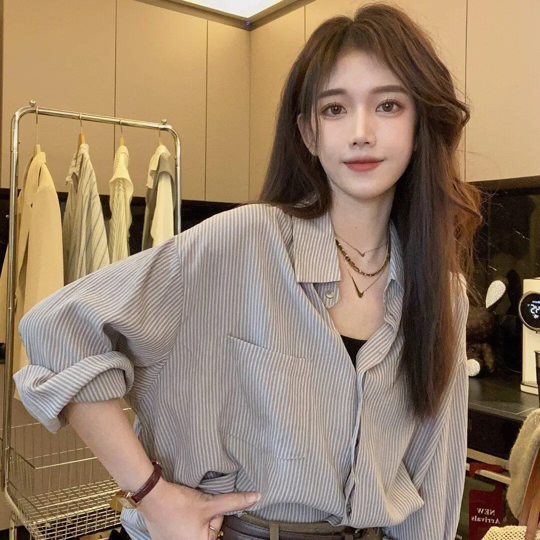 Hong Kong Style Chic Striped Shirt Women Polo Collar Long Sleeve Spring and Summer Korean Loose Versatile Sun Protection Top