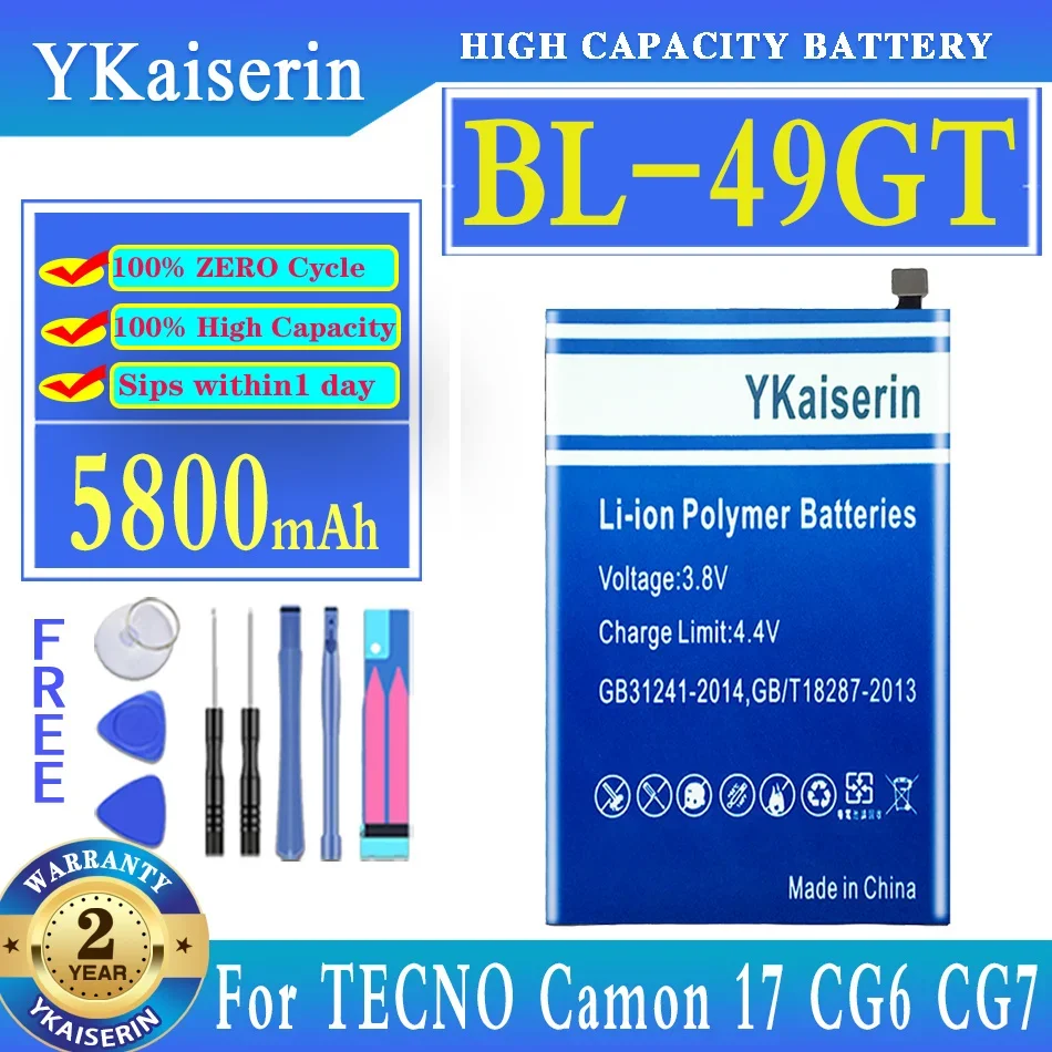 

Сменный аккумулятор YKaiserin 5800 мАч BL-49GT BL-49HT BL-49JT для TECNO Camon 17/16 Pro CG6 CG7 CG8 16Pro 18P CH7 Spark8 pro