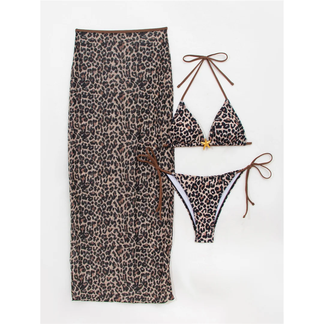 XS - L Leoparden-Halter-Bikini mit Rock, Damen-Badeanzug, dreiteiliges Bikini-Set, Badebekleidung, Badeanzug, Schwimmbekleidung V6787L – Detail 9