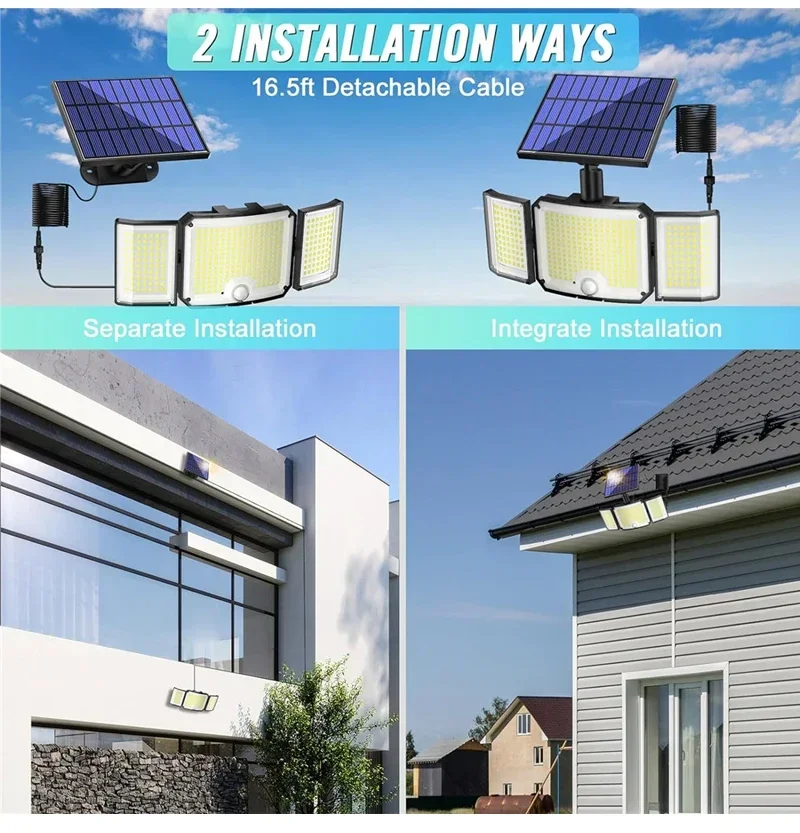 Solar Outdoor Lights 346 LED Security Lights with Remote Control,3 Heads Motion Sensor Lights, IP65 Waterproof Flood Wall Lights