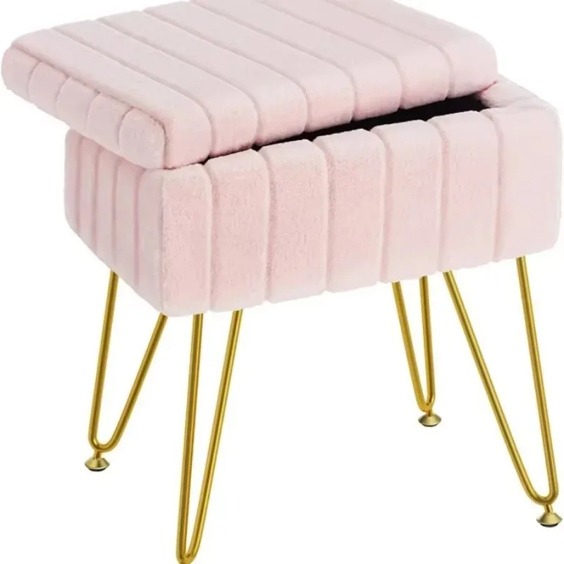 

Pink Soft Ottoman Vanity Stool Chair with Storage 4 Metal Legs and Anti-Slip Feet Low Leg for Makeup