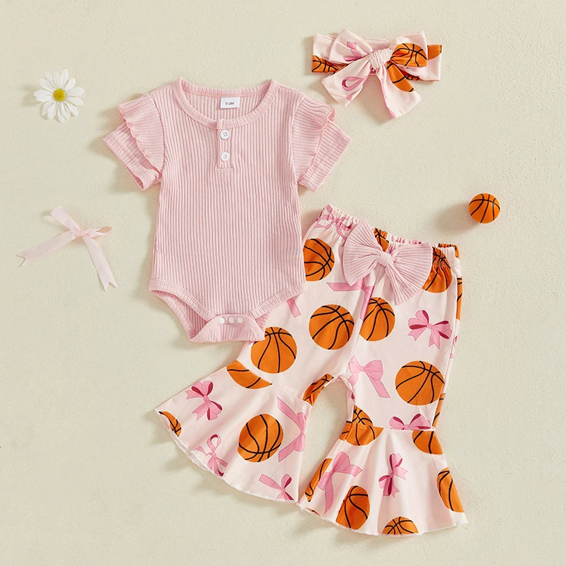 

0-18 Months Baby Girls Summer Outfit Short Sleeve Romper with Bow Print Flare Pants and Headband Clothes Sets