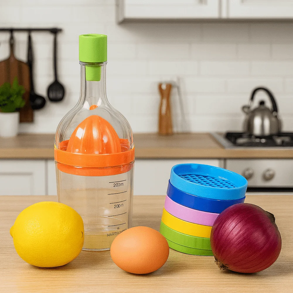 

Plastic 8 in 1 Kitchen Tool Ginger Grater Squeezer Bottle-Shaped Kitchen Gadget Set Measuring Cup Opener Vegetable Cutter