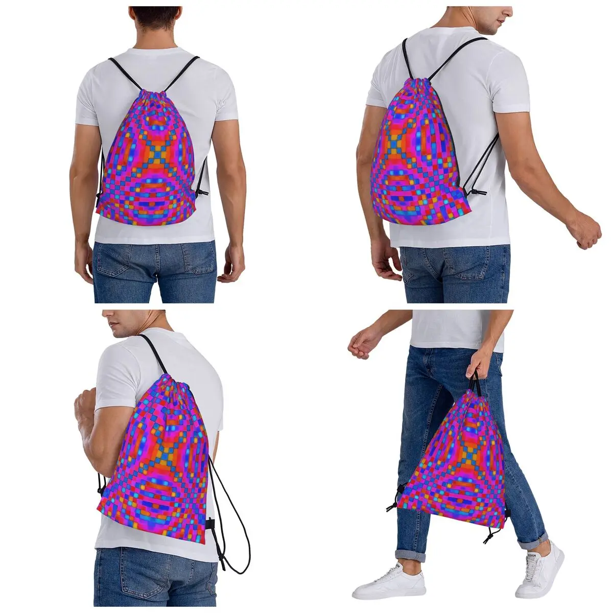 Pixel Shield Glow Backpacks Portable Drawstring Bags Sports Bag Book Bags for Travel Students