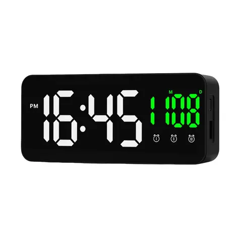 거울 디지털 알람 시계 TEMP 날짜 3 알람 스누즈 야간 모드 테이블 시계 12/24H USB 출력 충전 포트 LED 디지털 시계