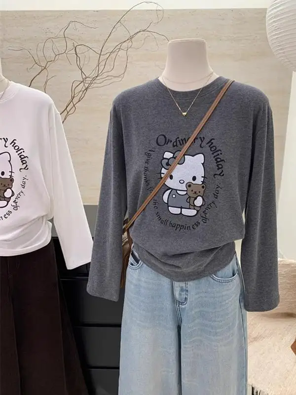 

Женская теплая хлопковая футболка с длинным рукавом и круглым вырезом, свободного кроя, с ретро-принтом в американском мультяшном стиле, для повседневной носки, зимняя