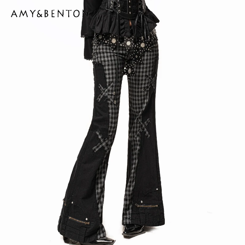 

2025 Autumn New Plaid Splicing Women's Jeans European American Retro Punk Sweet Cool Y2K Hot Girl Flared Long Trousers Ladies