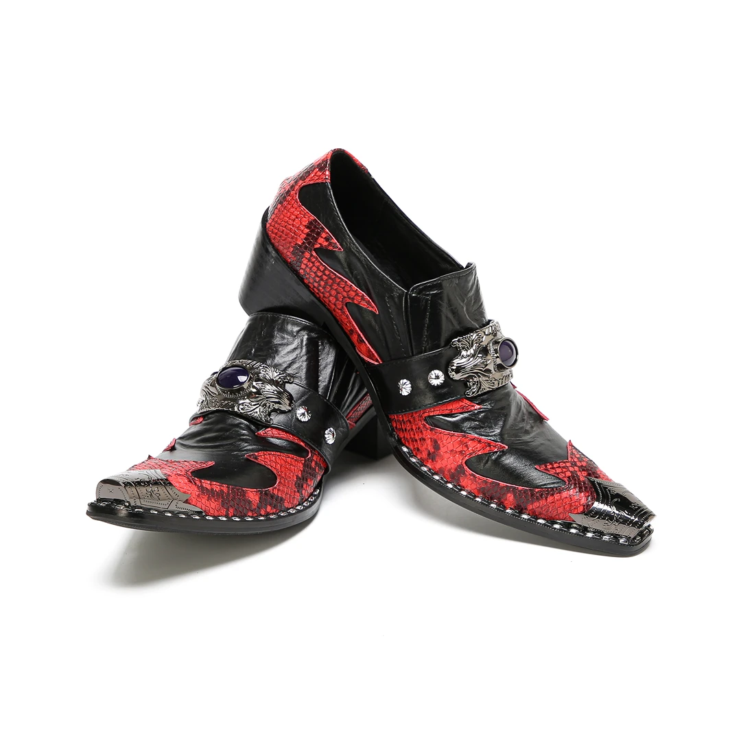 

Gothic Punk Red Black Snake Print Leather Loafers Men Pointed Toe Gunmetal Wolf Head Gemstone Low Heel Slip On Dark Footwear
