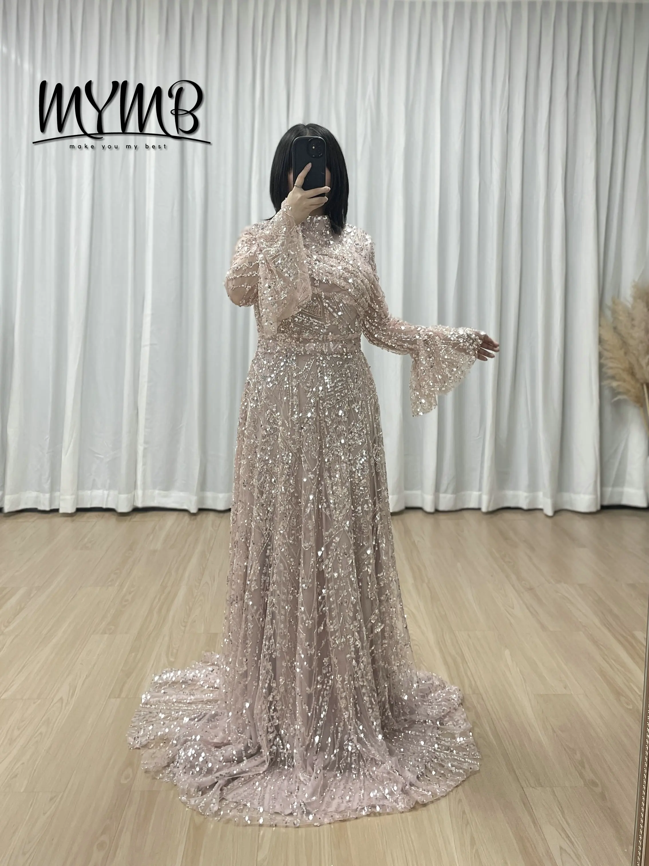 فساتين سهرة إسلامية أنيقة بأكمام طويلة من MYMB بتغطية كاملة وردي برقبة عالية مطرز على شكل حرف A رداء حفلات رسمي MY30089-3