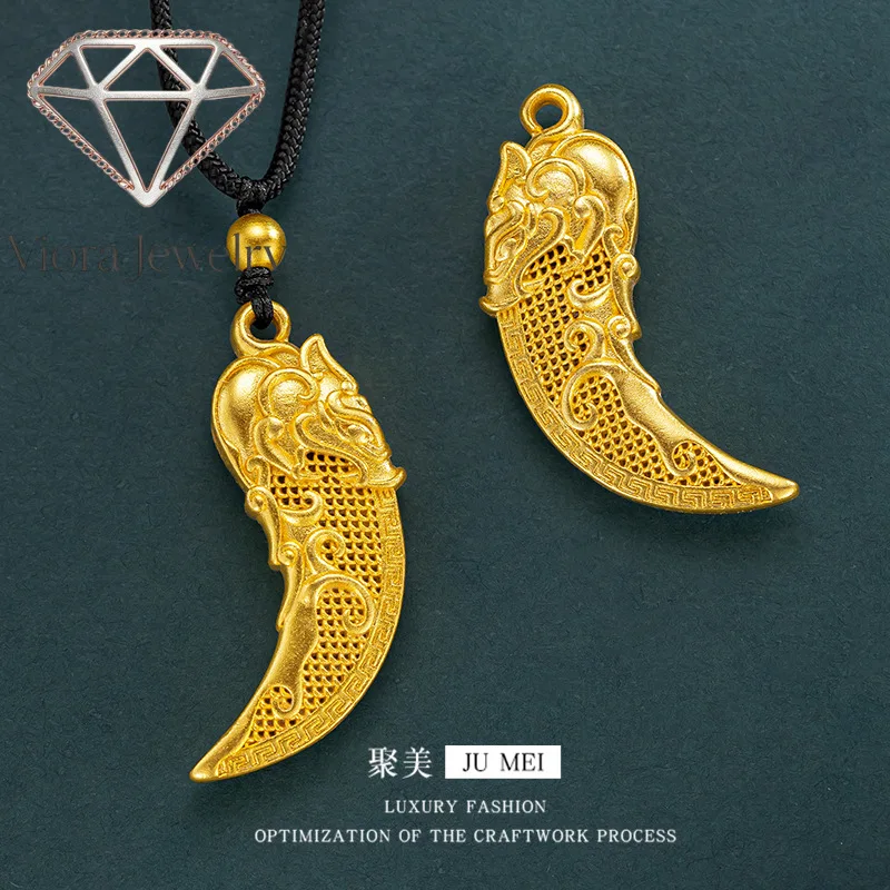 Viora Jewelry Luxury 24K 9999 Pure Gold real gold Men's and Women's Hollow Wolf Tooth Pendant Transfer Beads Black Rope Necklace