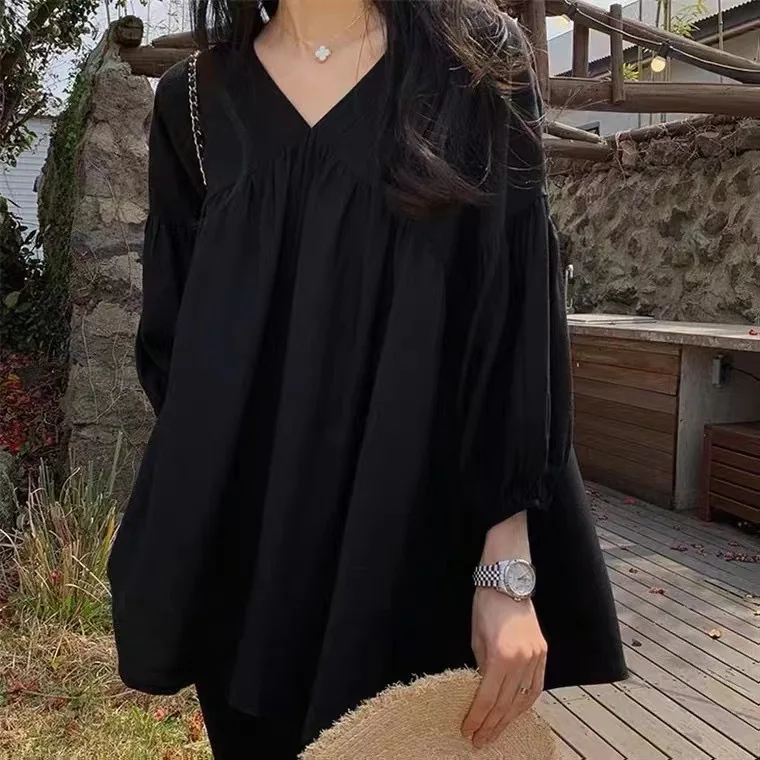 Women V Neck Gathered Bust Blouse Loose Puff 3/4 Lantern Sleeve Shirts Wrinkle Textured Fabric Blouses ﻿ ﻿ view 3
