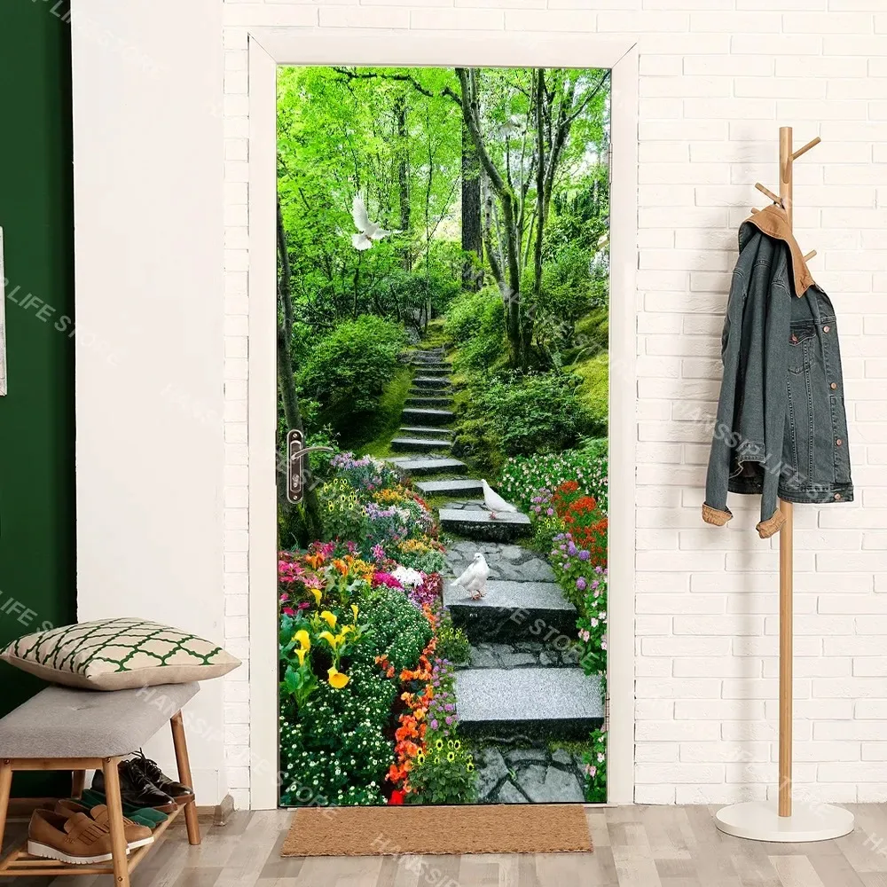 3D Green Plant Bamboo Door Sticker Self Adhesive Forest Palm Tree Bridge Landscape Door Mural Poster Home Decorative Wallpaper view 5