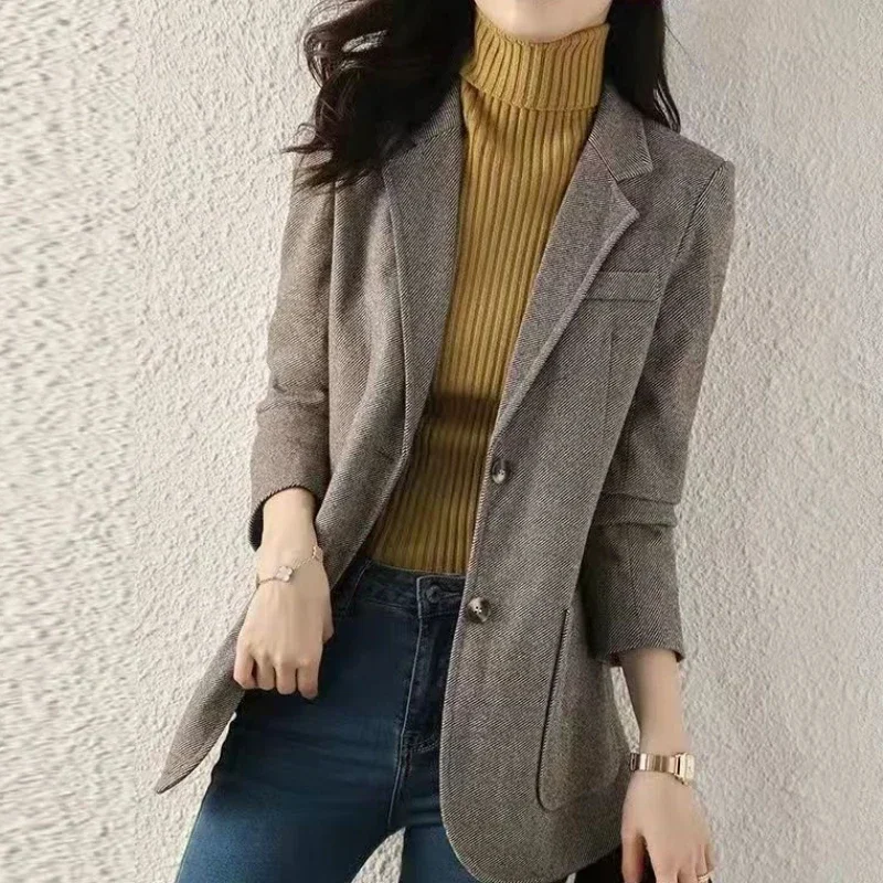 Gray Blazer Woman Wool & Blend Clothes Tweed Solid Jacket Outerwears Slim Coats for Women Korean Reviews Many Fashion 2024 Bring